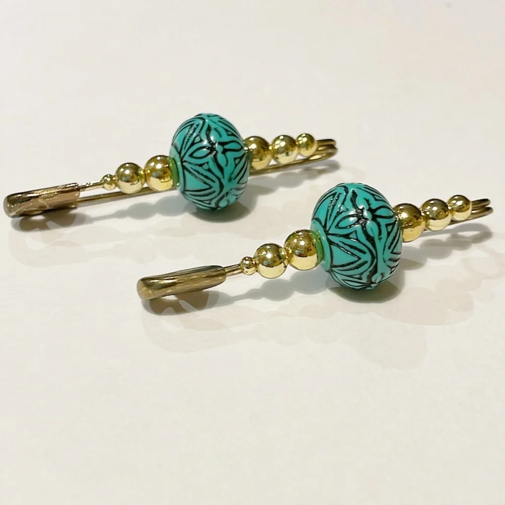 Vintage handmade teal blue beaded safety pin strap brooch set